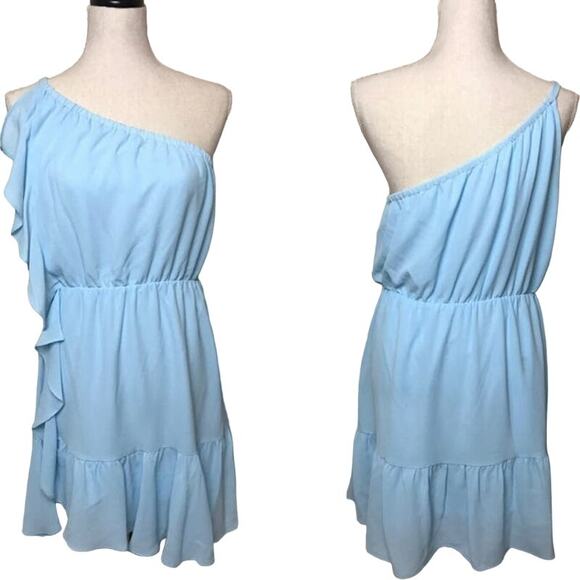 New Kaari Blue one shoulder ruffled mini dress size Petite Extra Large - Picture 2 of 6